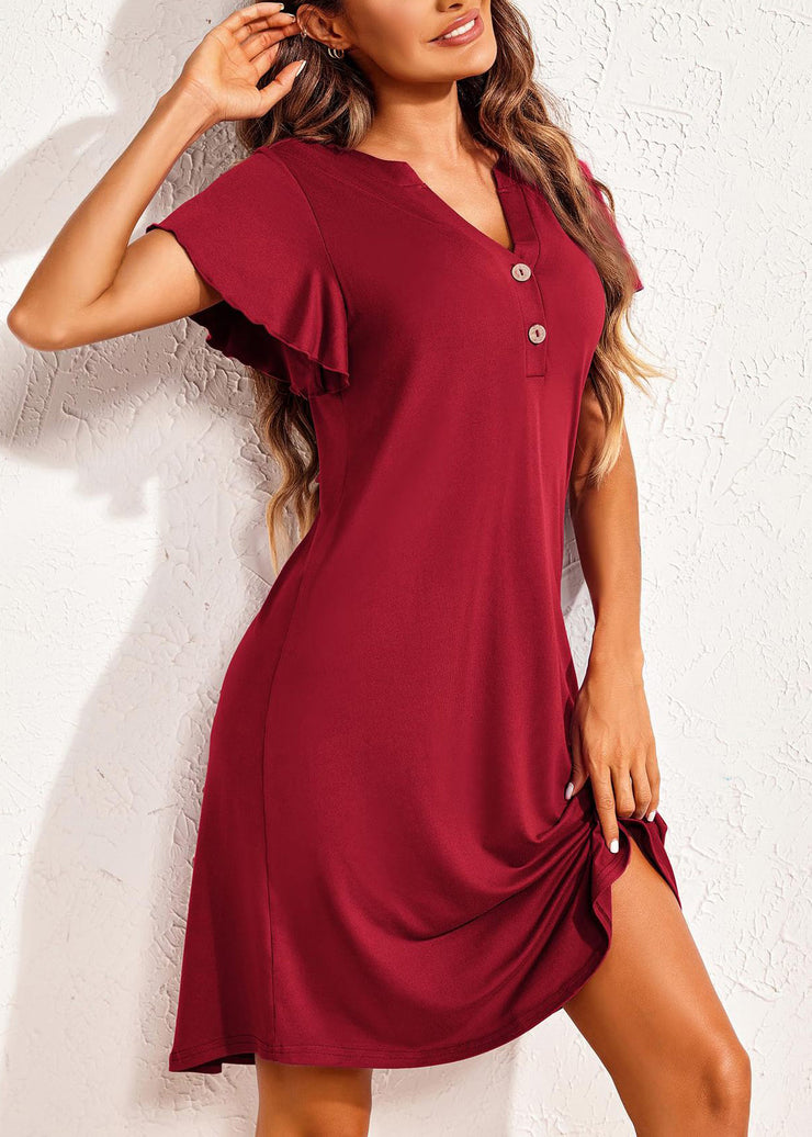 Wine Red Solid Cotton Summer Pajamas Dresses V Neck