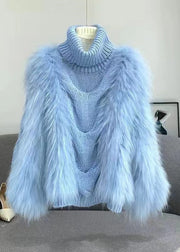 Spring New Blue Raccoon Wool Patchwork Knitted High Collar Sweater