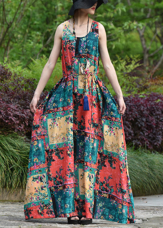 Women Abstract Print Short Sleeve Vintage Maxi Dress