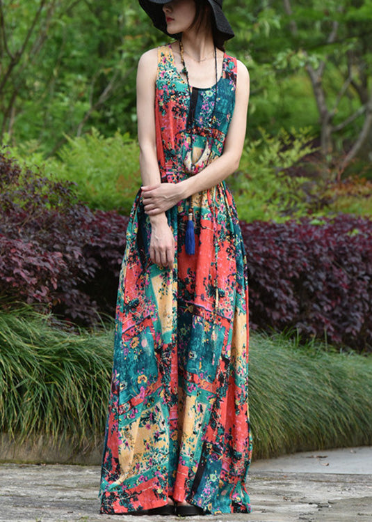 Women Abstract Print Short Sleeve Vintage Maxi Dress