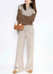 Women Apricot Asymmetrical Elastic Waist Patchwork Knit Two Piece Set Fall