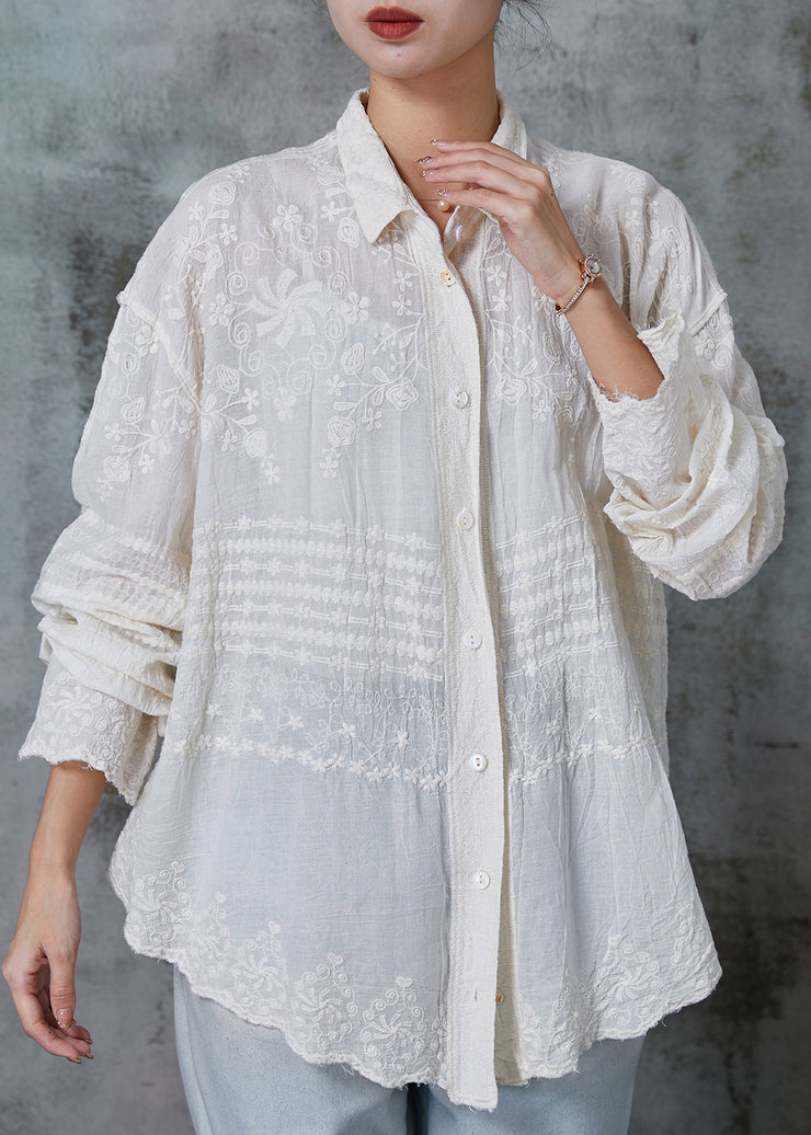 Women Apricot Embroidered Cotton Blouses Spring