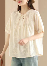 Women Apricot Embroidered Puff Sleeve Cotton Blouse Top