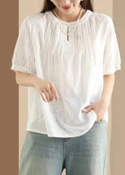 Women Apricot Embroidered Puff Sleeve Cotton Blouse Top