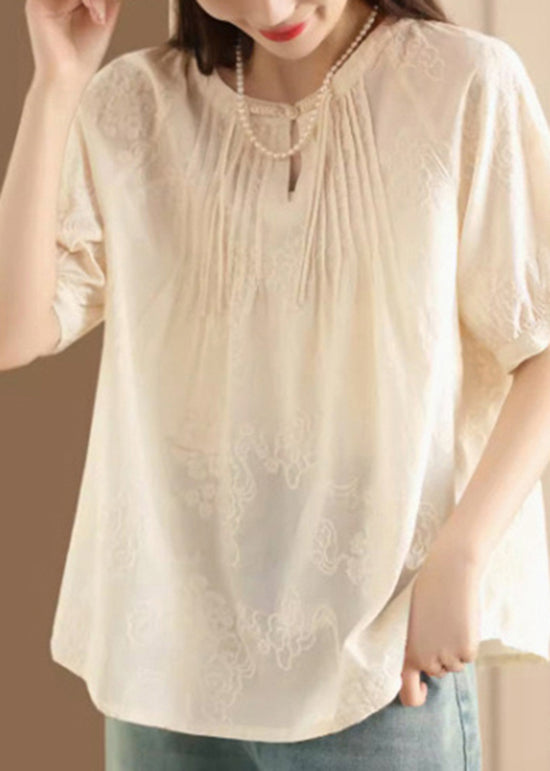 Women Apricot Embroidered Puff Sleeve Cotton Blouse Top
