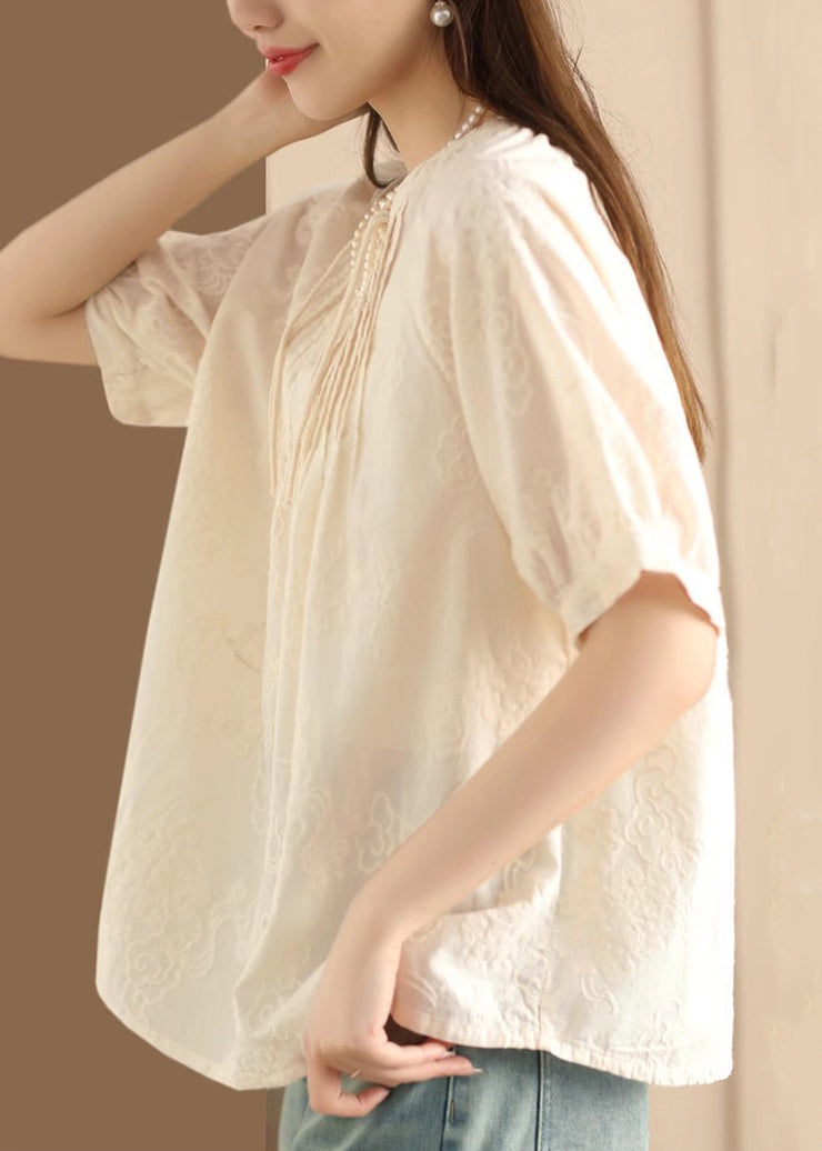 Women Apricot Embroidered Puff Sleeve Cotton Blouse Top
