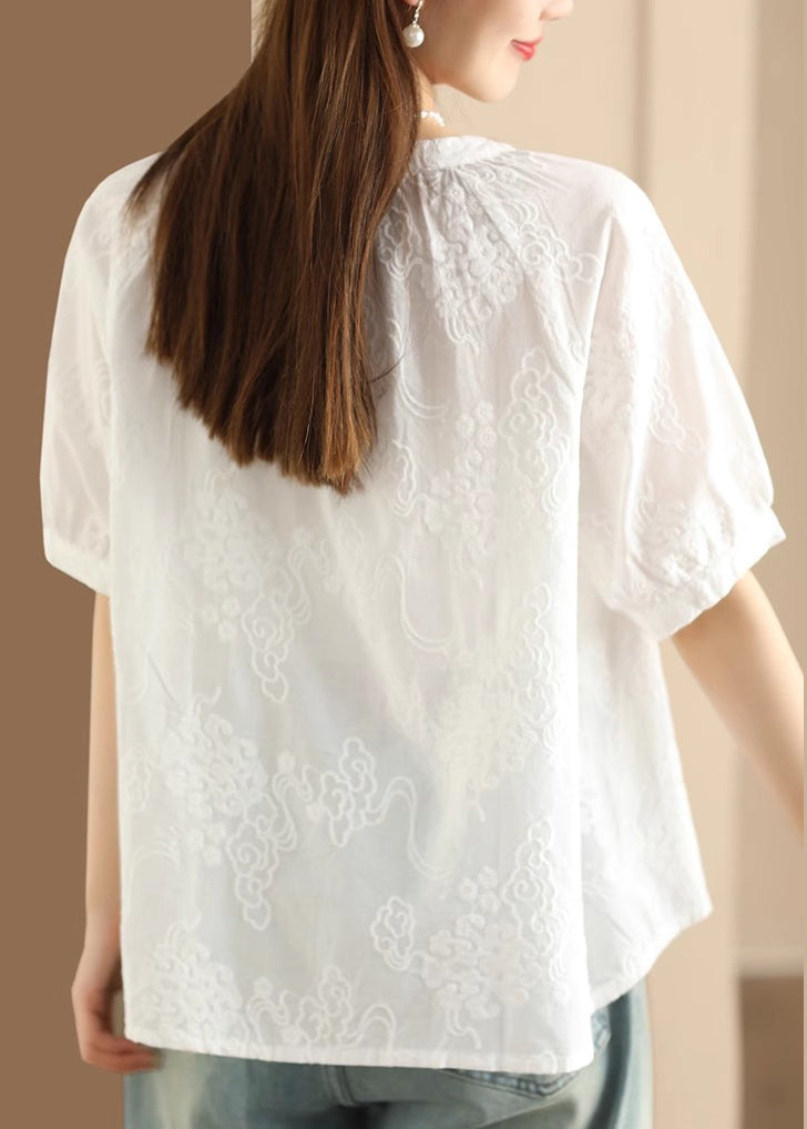 Women Apricot Embroidered Puff Sleeve Cotton Blouse Top