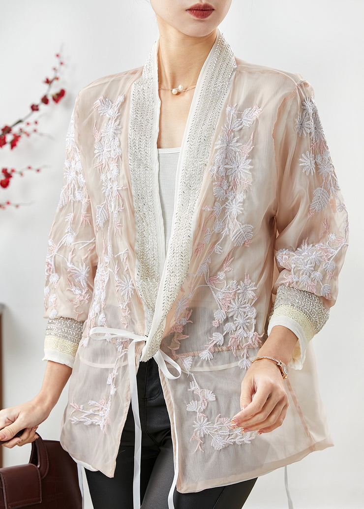Women Apricot Embroidered Silk Cotton Cardigan Summer