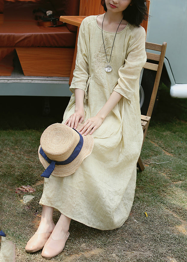 Women Apricot Embroidered Tie Waist Linen Dress Summer