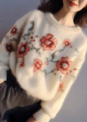 Women Apricot Embroidered  Cozy Cotton Knit Sweater Winter