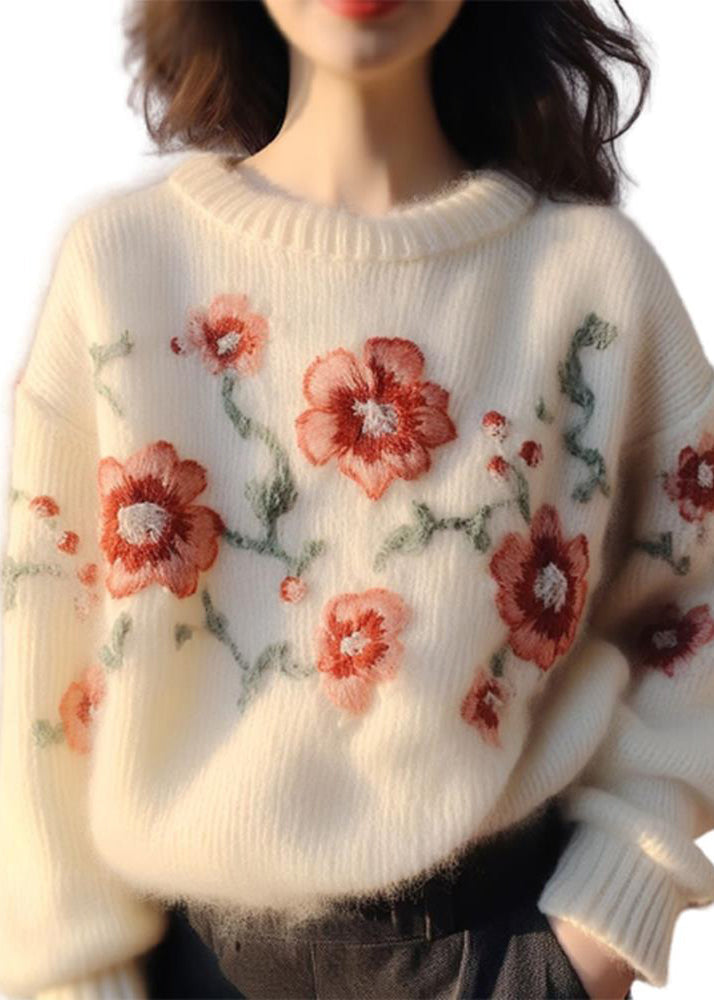 Women Apricot Embroidered  Cozy Cotton Knit Sweater Winter