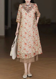 Women Apricot Embroidered Print Patchwork Linen Dresses Half Sleeve