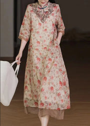 Women Apricot Embroideried Print Patchwork Linen Dresses Half Sleeve