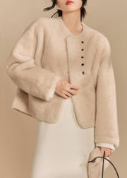 Women Apricot O-Neck Button Solid Fluffy Coats Winter