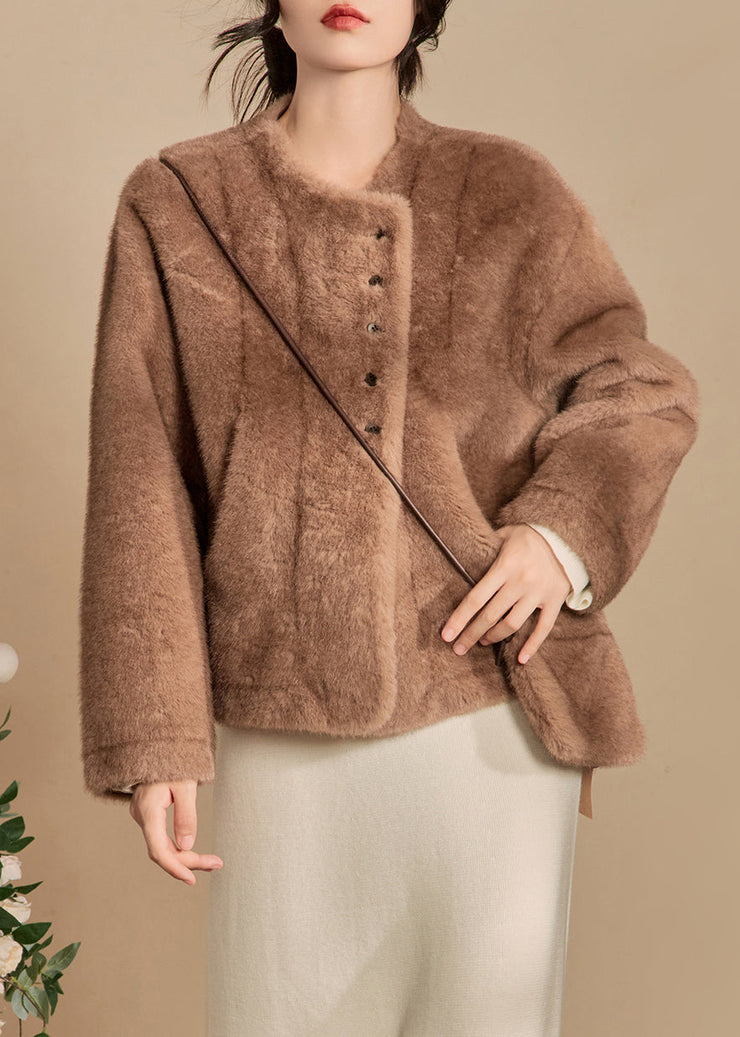 Women Apricot O-Neck Button Solid Fluffy Coats Winter