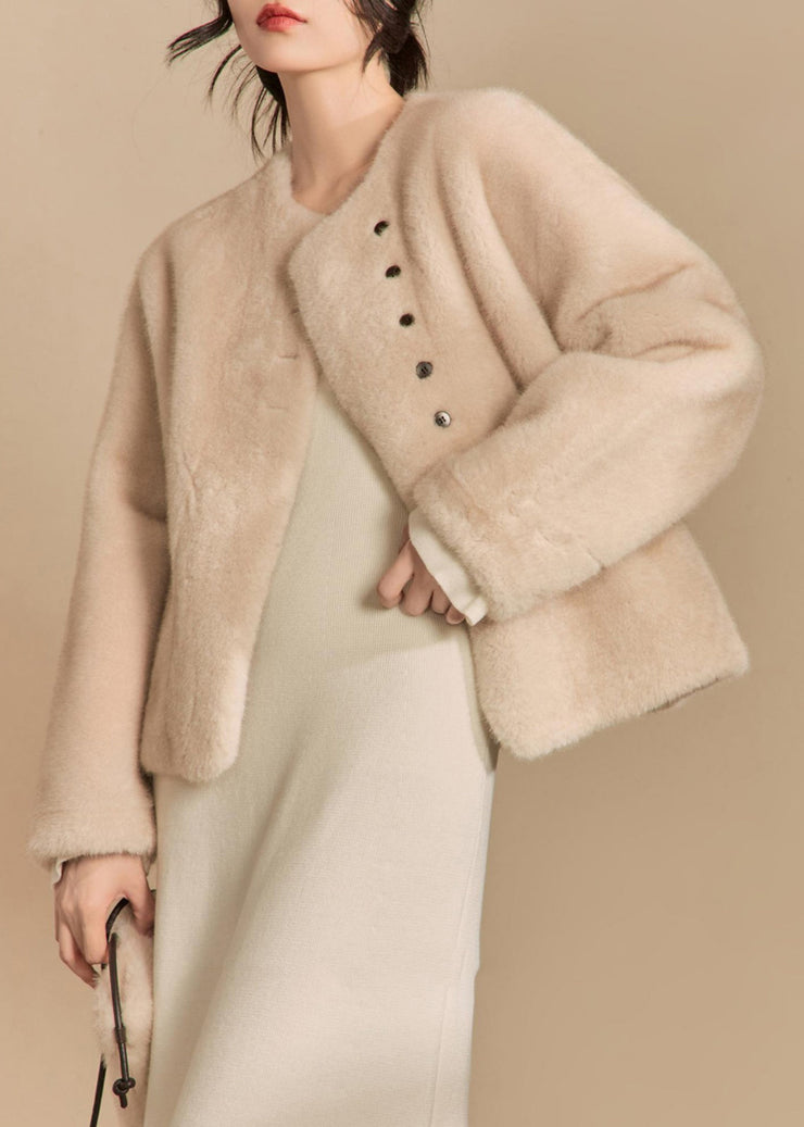 Women Apricot O-Neck Button Solid Fluffy Coats Winter