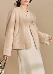 Women Apricot O-Neck Button Solid Fluffy Coats Winter