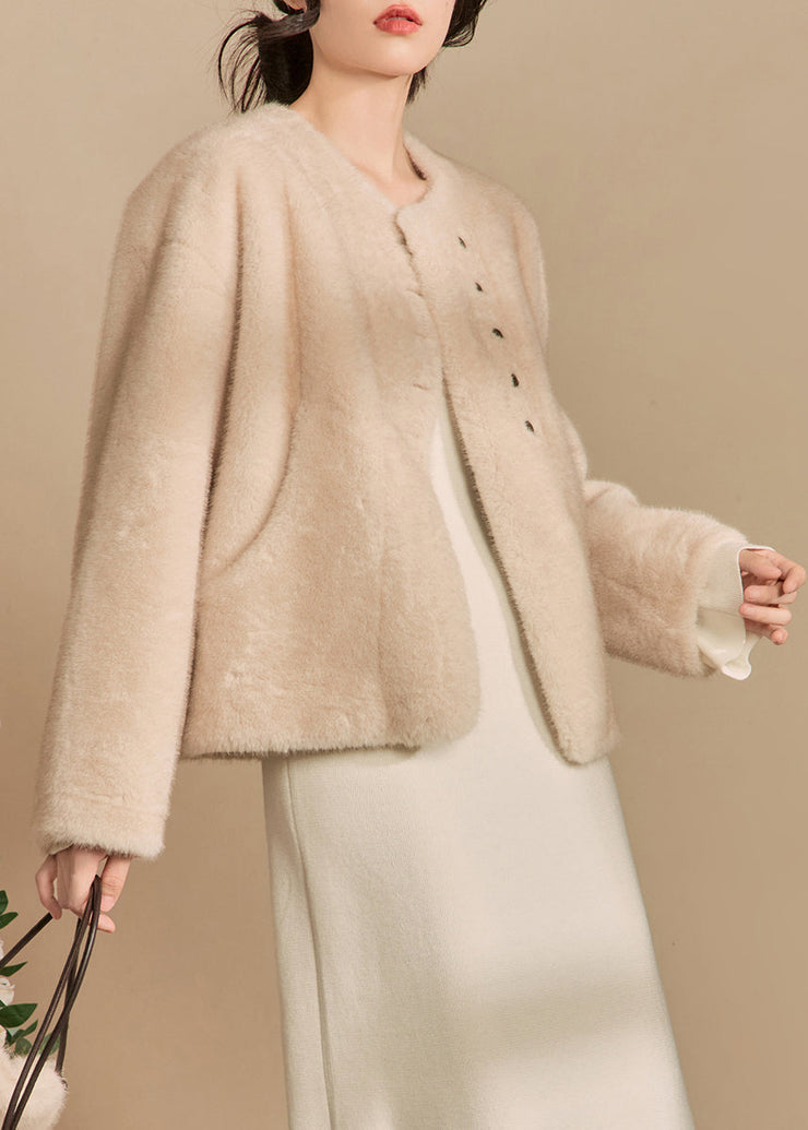 Women Apricot O-Neck Button Solid Fluffy Coats Winter