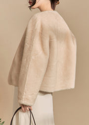 Women Apricot O-Neck Button Solid Fluffy Coats Winter