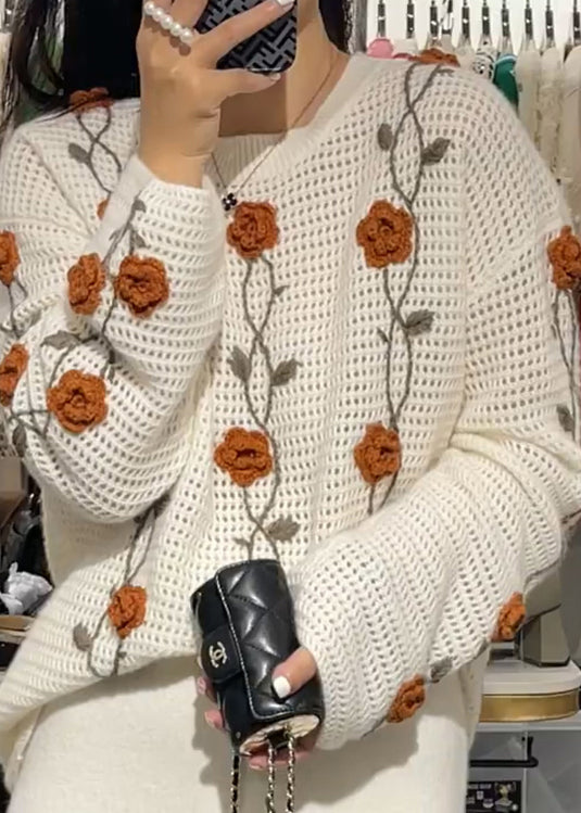 Women Apricot O Neck Floral Knit Sweaters Fall