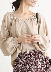 Women Apricot O Neck Wrinkled Button Cotton Blouse Top Lantern Sleeve