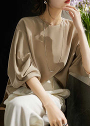 Women Apricot O-Neck Wrinkled Chiffon Top Long Sleeve