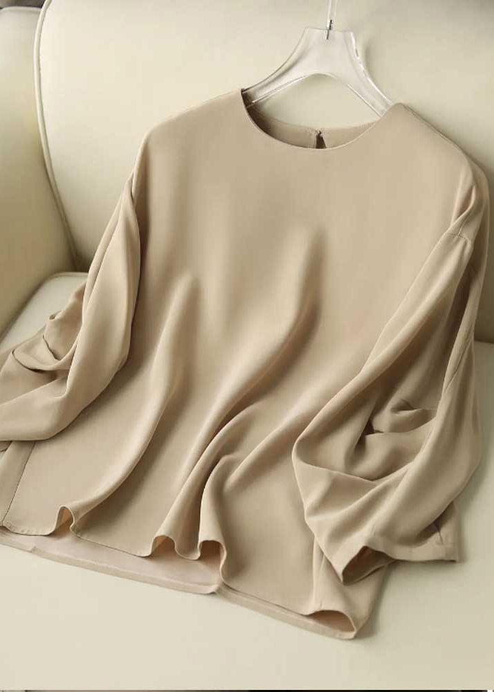 Women Apricot O-Neck Wrinkled Chiffon Top Long Sleeve