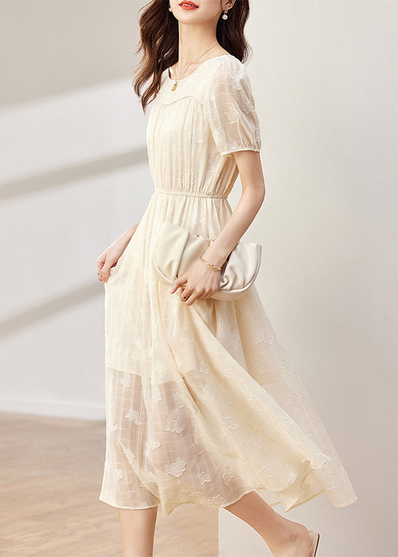 Women Apricot O-Neck Wrinkled Patchwork Chiffon Dress Summer