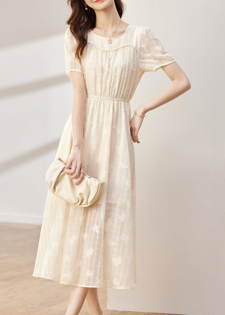 Women Apricot O-Neck Wrinkled Patchwork Chiffon Dress Summer