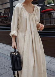 Women Apricot O Neck Wrinkled Patchwork Cotton Dresses Spring