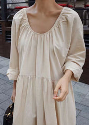 Women Apricot O Neck Wrinkled Patchwork Cotton Dresses Spring