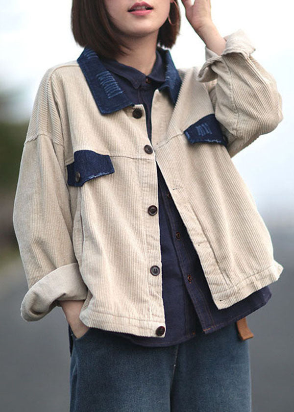 Women Apricot Peter Pan Collar Button Pockets Patchwork Corduroy Coats Long Sleeve