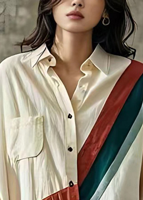 Women Apricot Peter Pan Collar Striped Patchwork Top Long Sleeve