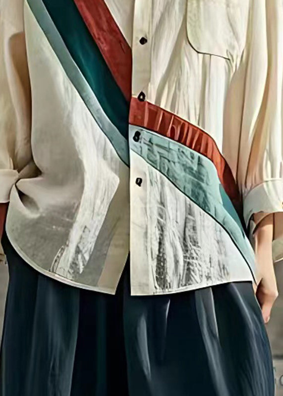 Women Apricot Peter Pan Collar Striped Patchwork Top Long Sleeve