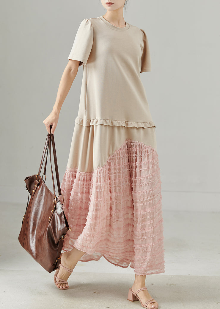 Women Apricot Ruffled Patchwork Cotton Maxi Dress Summer