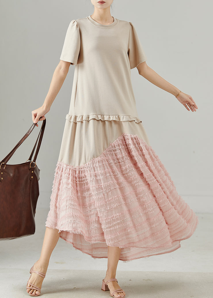 Women Apricot Ruffled Patchwork Cotton Maxi Dress Summer