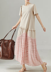 Women Apricot Ruffled Patchwork Cotton Maxi Dress Summer