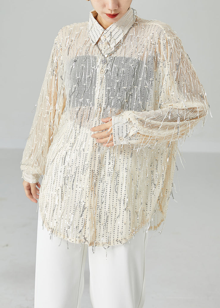 Women Apricot Sequins Tassel Tulle UPF 50+ Shirt Top Summer