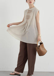 Women Apricot Slim Fit Pleated Cotton Long Shirt Sleeveless