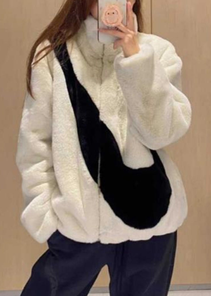 Women Apricot Stand Collar Zip Up Fuzzy Fur Fluffy Coat Spring