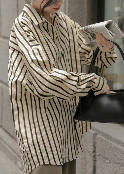 Women Apricot Striped Button Patchwork Cotton Blouse Fall