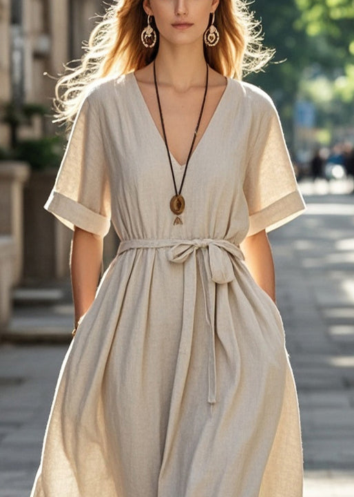 Women Apricot Tie Waist Cotton Long Dresses Summer