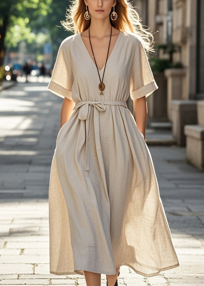 Women Apricot Tie Waist Cotton Long Dresses Summer