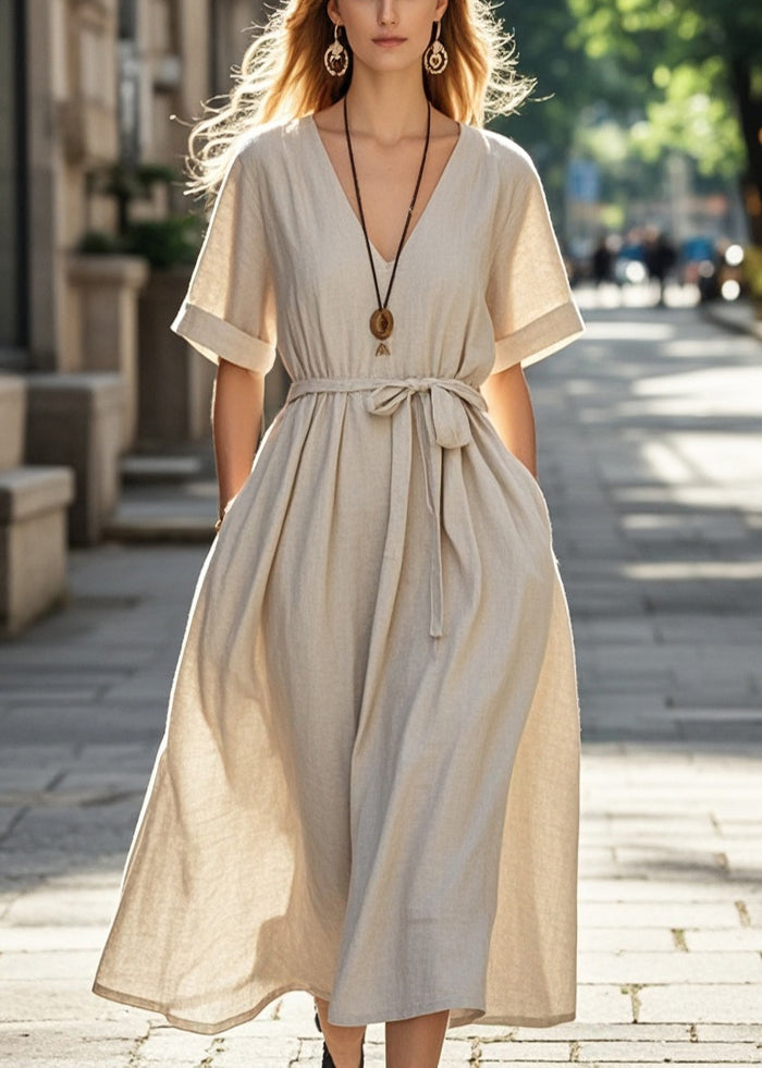 Women Apricot Tie Waist Cotton Long Dresses Summer