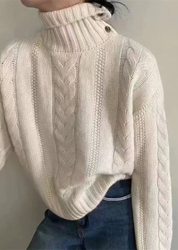 Women Apricot Turtleneck Thick Cable Knit Sweater Spring