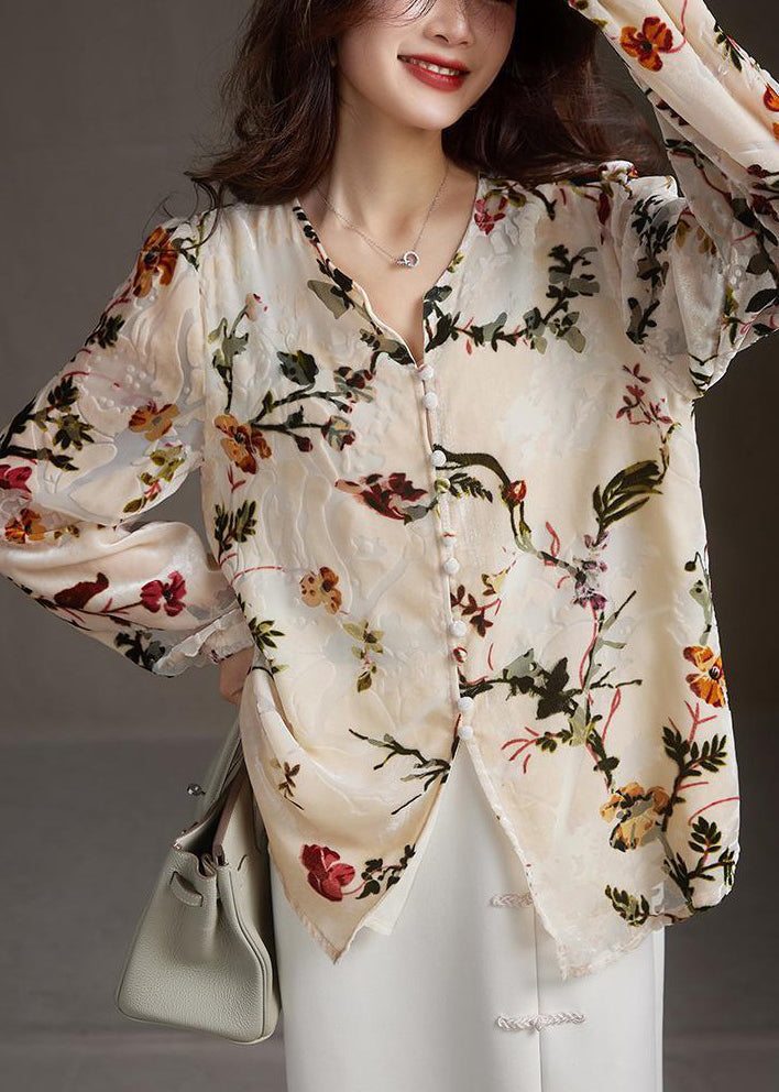 Women Apricot V Neck Button Print Silk Velour Shirt Spring