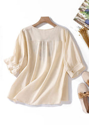 Women Apricot V Neck Embroidered Linen T Shirt Summer