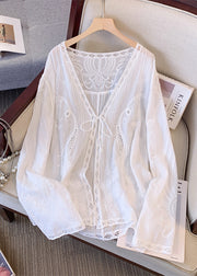 Women Apricot V Neck Hollow Out Embroidered Lace Cardigans Spring