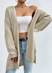 Women Apricot V Neck Loose Mid Knit Cardigan Fall