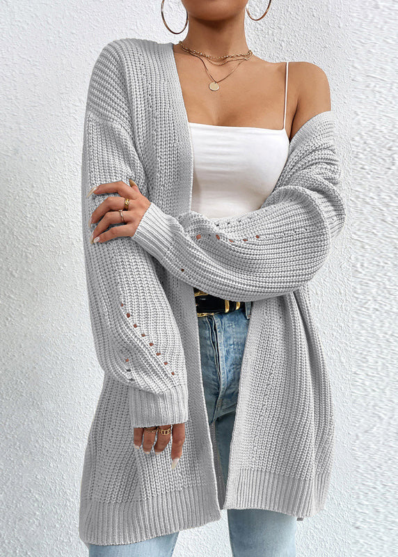 Women Apricot V Neck Loose Mid Knit Cardigan Fall